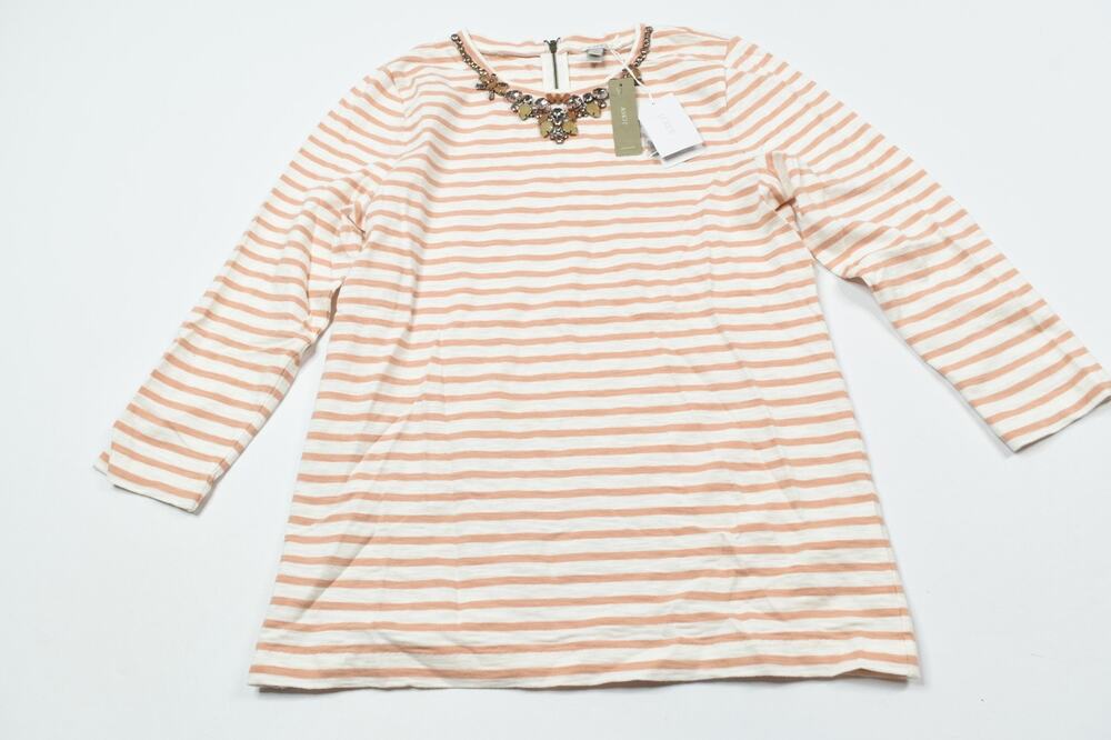 J.Crew 3/4 Sleeve Rhinestone Embellished Shirt Womens Medium Tan White Stripe